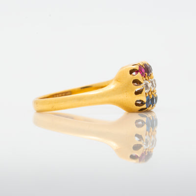 ANTIQUE FRENCH 18K YELLOW GOLD RUBY, DIAMOND, SAPPHIRE ROW RING C.1880