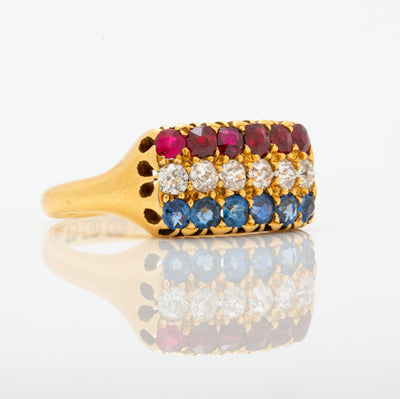 ANTIQUE FRENCH 18K YELLOW GOLD RUBY, DIAMOND, SAPPHIRE ROW RING C.1880