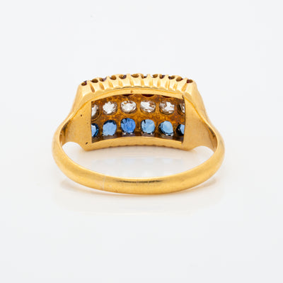 ANTIQUE FRENCH 18K YELLOW GOLD RUBY, DIAMOND, SAPPHIRE ROW RING C.1880