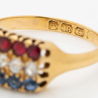 ANTIQUE FRENCH 18K YELLOW GOLD RUBY, DIAMOND, SAPPHIRE ROW RING C.1880
