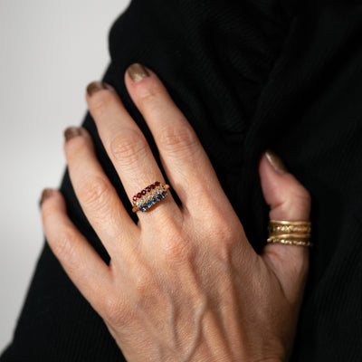 ANTIQUE FRENCH 18K YELLOW GOLD RUBY, DIAMOND, SAPPHIRE ROW RING C.1880