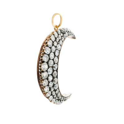 VICTORIAN 18K YELLOW GOLD, SILVER AND 7.25CTS. DIAMOND CRESCENT MOON c.1860s