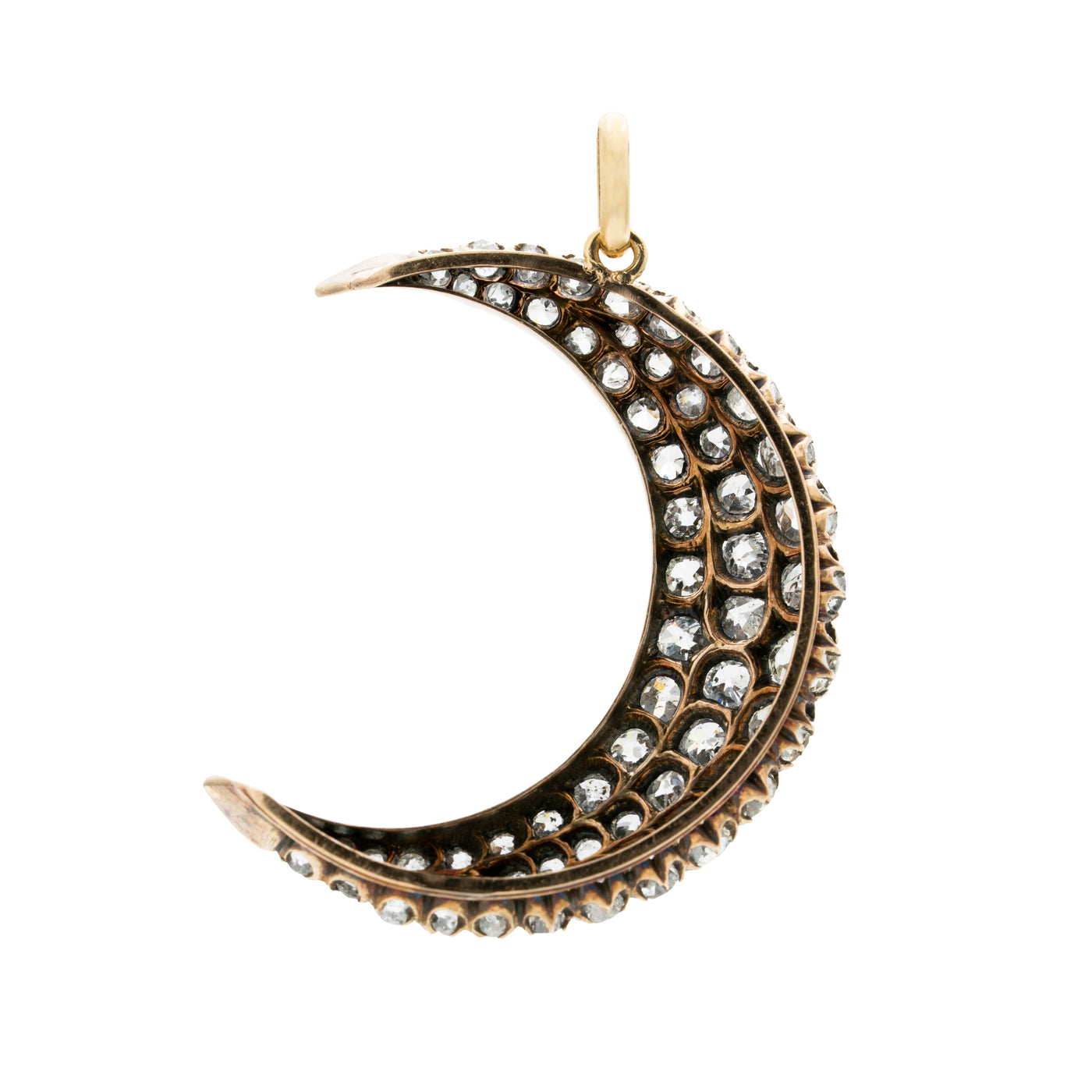 VICTORIAN 18K YELLOW GOLD, SILVER AND 7.25CTS. DIAMOND CRESCENT MOON c.1860s