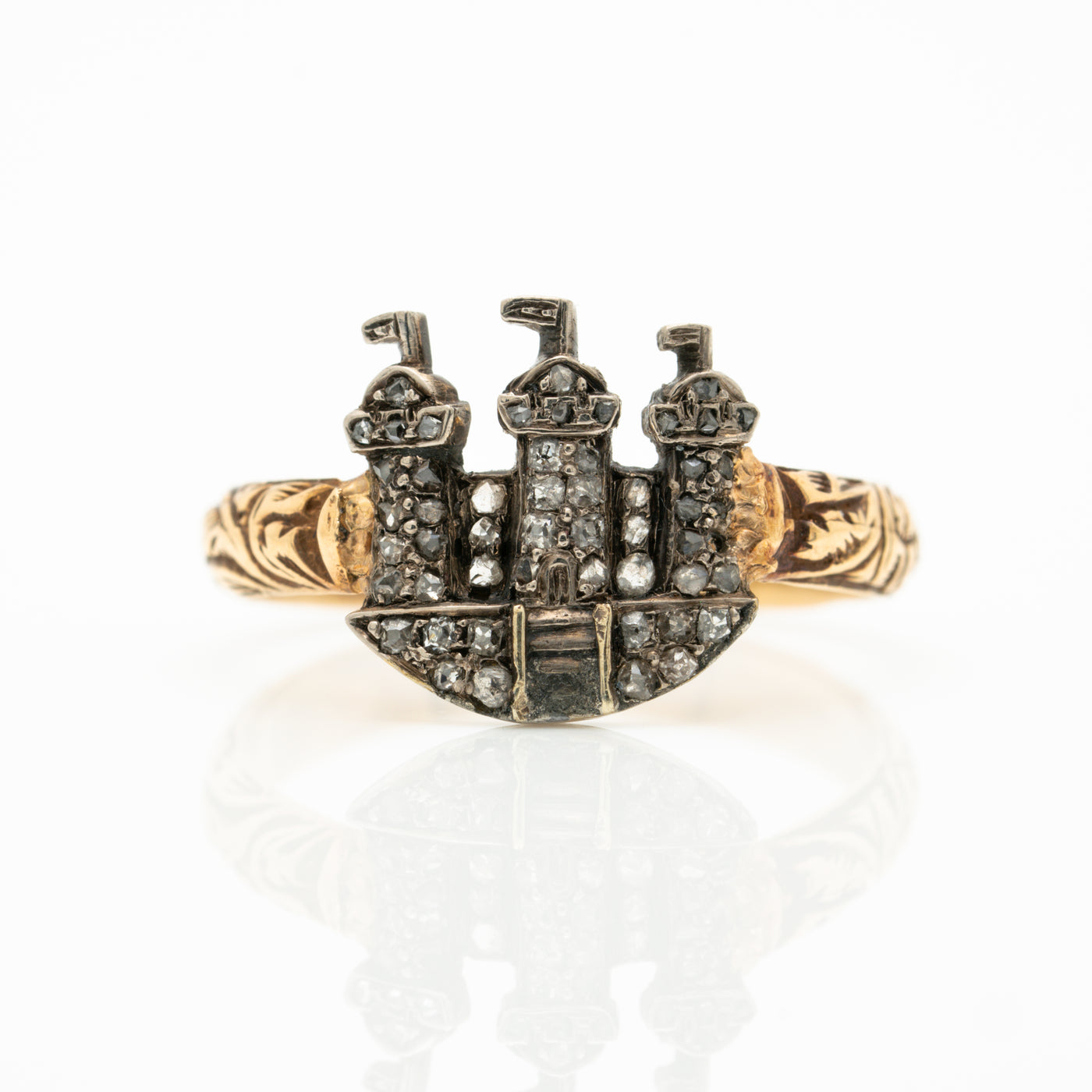 VICTORIAN 18k and SILVER and DIAMOND CASTLE RING c.1850s