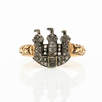 VICTORIAN 18k and SILVER and DIAMOND CASTLE RING c.1850s