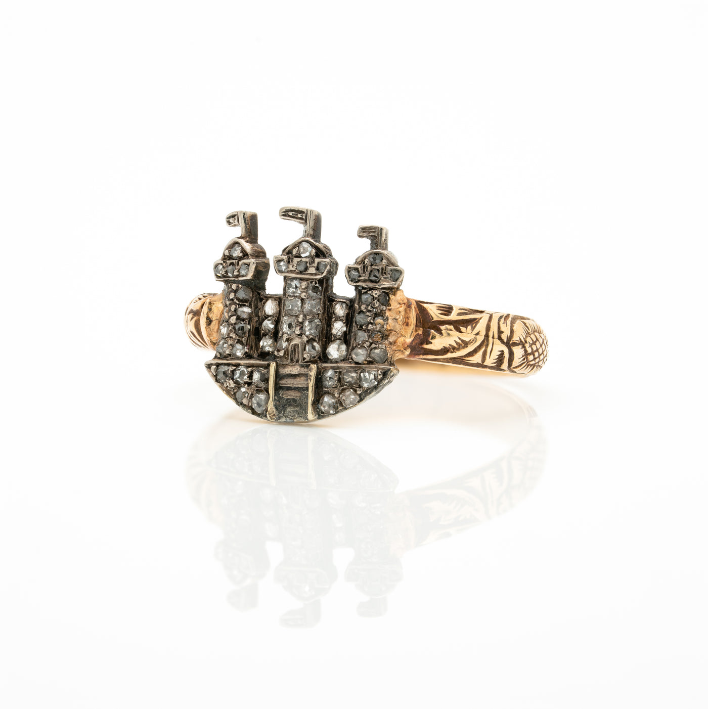 VICTORIAN 18k and SILVER and DIAMOND CASTLE RING c.1850s
