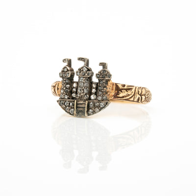 VICTORIAN 18k and SILVER and DIAMOND CASTLE RING c.1850s