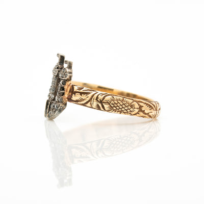 VICTORIAN 18k and SILVER and DIAMOND CASTLE RING c.1850s
