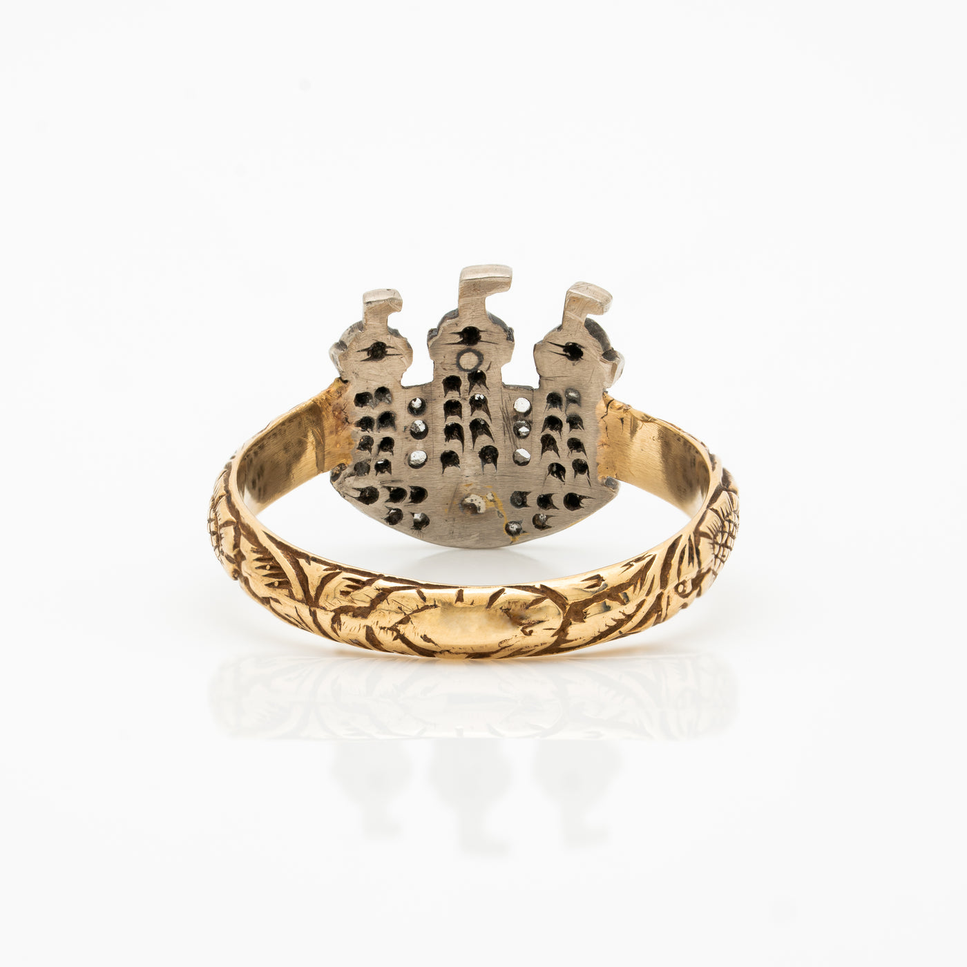 VICTORIAN 18k and SILVER and DIAMOND CASTLE RING c.1850s