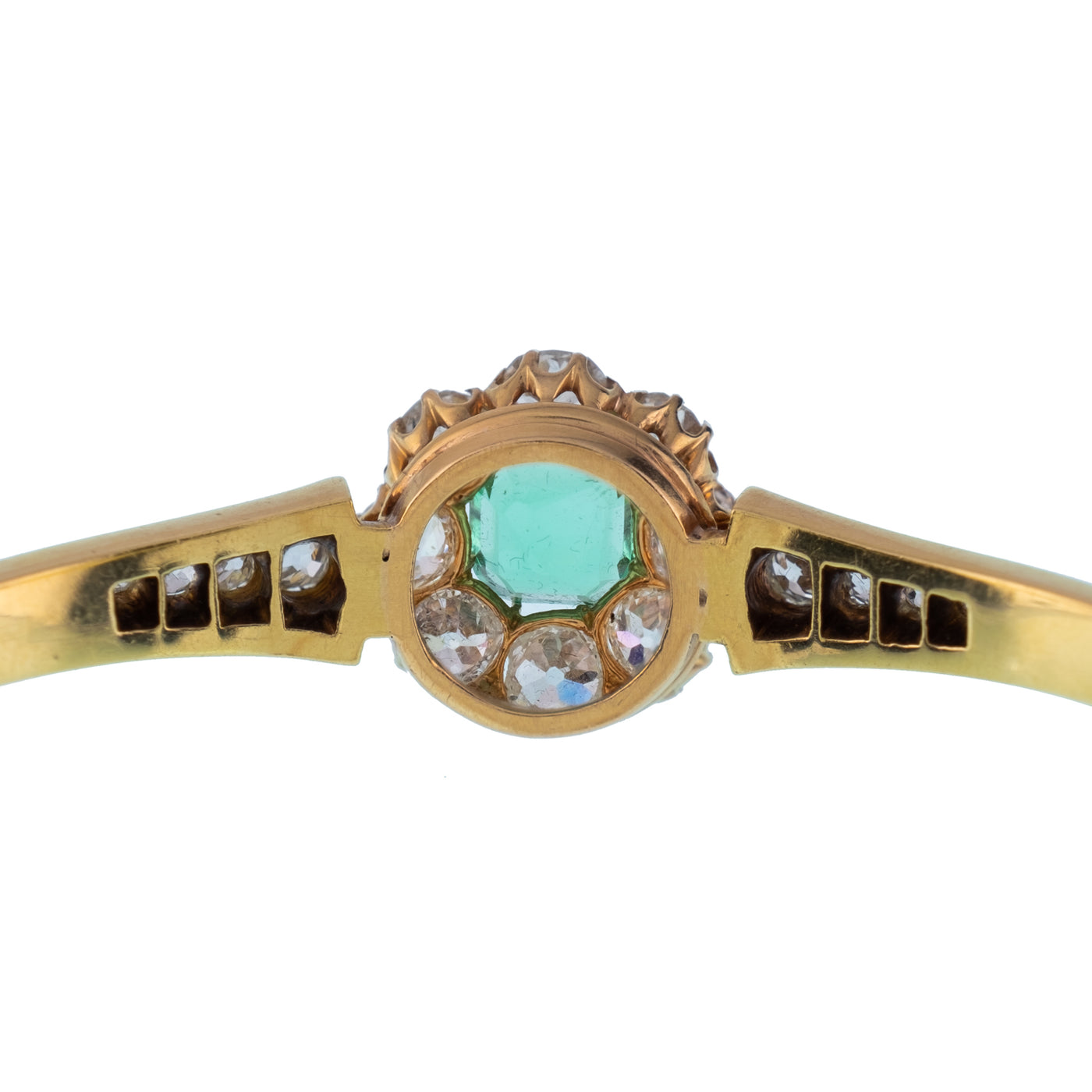 VICTORIAN 18K YELLOW GOLD AND 2.0CT COLOMBIAN EMERALD AND 3.0CTS OLD EUROPEAN CUT HALO BANGLE c.1880s