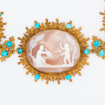 GEORGIAN 18K YELLOW GOLD CANNETILLE CARVED SHELL CAMEO BIRTH OF CUPID RIVIÈRE c.1800