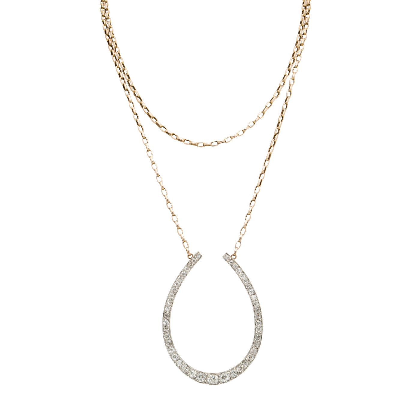 VICTORIAN 15K YELLOW GOLD AND PLATINUM DIAMOND HORSESHOE NECKLACE c.1880s