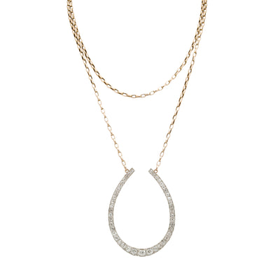 VICTORIAN 15K YELLOW GOLD AND PLATINUM DIAMOND HORSESHOE NECKLACE c.1880s