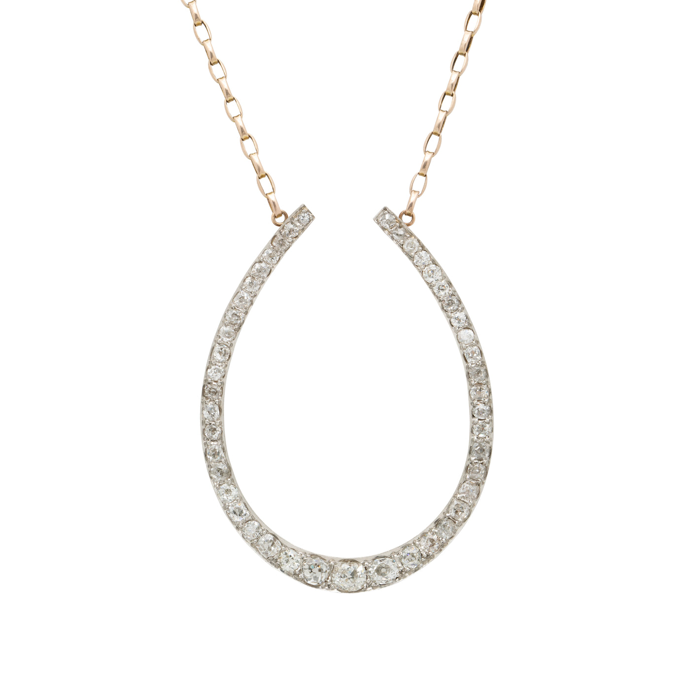 VICTORIAN 15K YELLOW GOLD AND PLATINUM DIAMOND HORSESHOE NECKLACE c.1880s