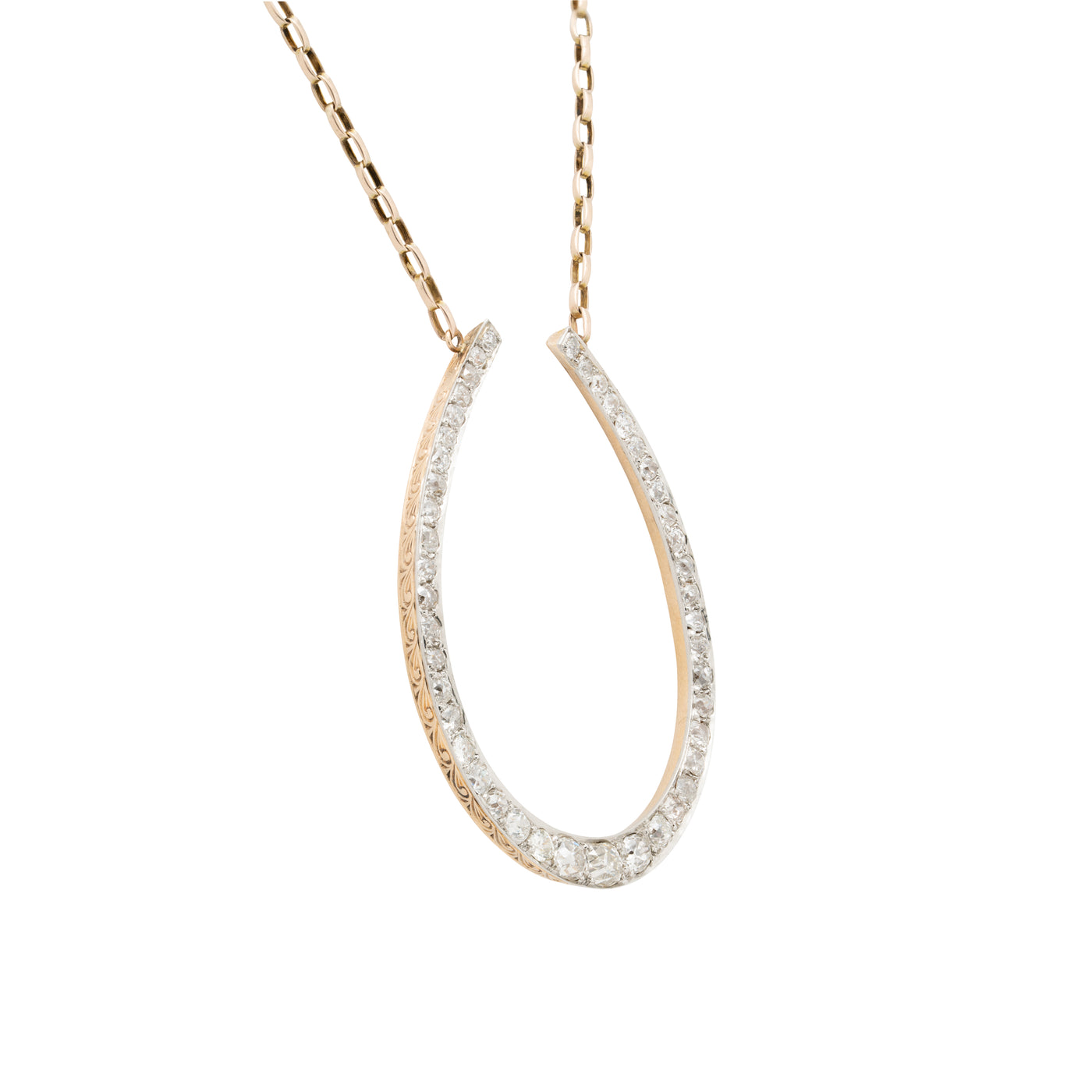 VICTORIAN 15K YELLOW GOLD AND PLATINUM DIAMOND HORSESHOE NECKLACE c.1880s