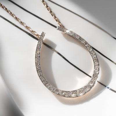 VICTORIAN 15K YELLOW GOLD AND PLATINUM DIAMOND HORSESHOE NECKLACE c.1880s