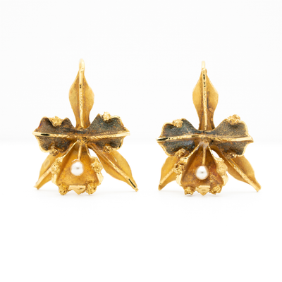 VICTORIAN 18K YELLOW GOLD, CATTLEYA ORCHID GOLD AND PEARL EARRINGS c.1880s