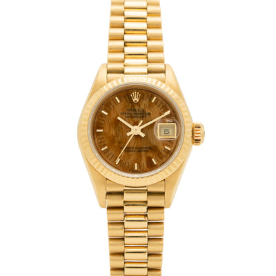 1985 ROLEX PRESIDENT LADY-DATEJUST BURL WOOD DIAL 18K GOLD MODEL 69178