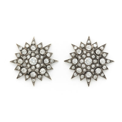 VICTORIAN SILVER OVER GOLD AND 7.50CTS OLD MINE CUT DIAMOND STAR CLUSTER EARRINGS c.1850s
