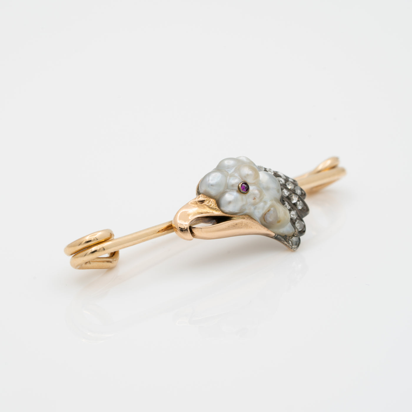 ANTIQUE 14K YELLOW GOLD, DIAMOND AND BAROQUE PEARL EAGLE SAFETY PIN c.1890s