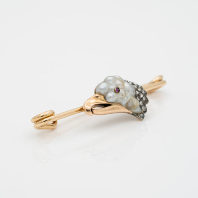 ANTIQUE 14K YELLOW GOLD, DIAMOND AND BAROQUE PEARL EAGLE SAFETY PIN c.1890s