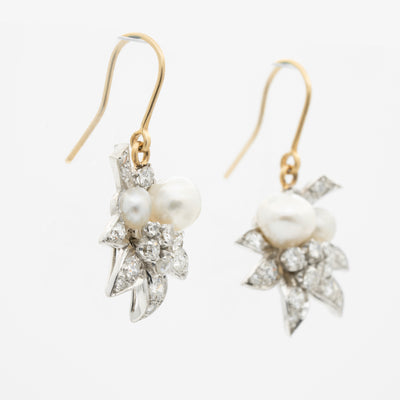 NATURAL PEARL LEAF MOTIF EDWARDIAN DIAMOND EARRINGS c.1910