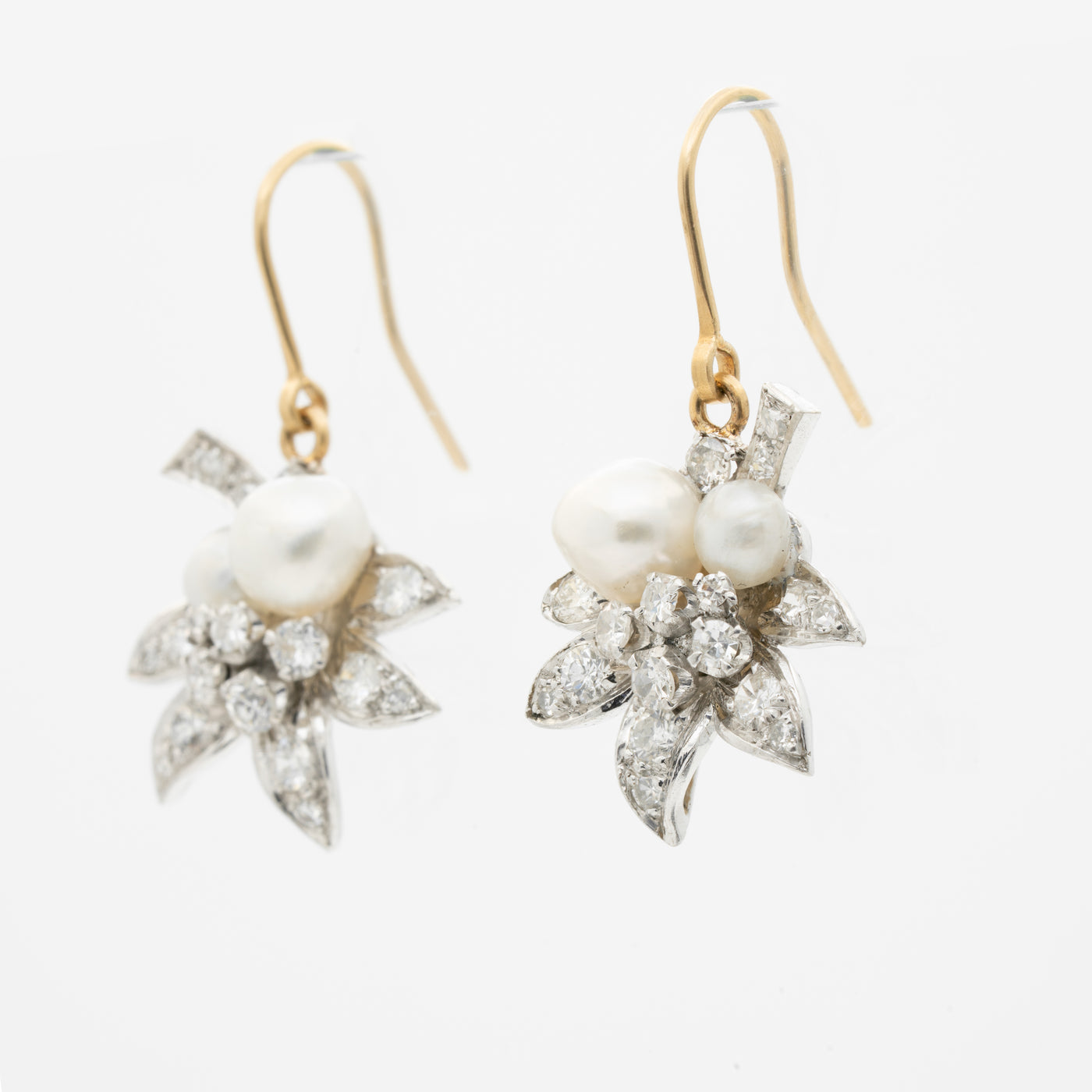 NATURAL PEARL LEAF MOTIF EDWARDIAN DIAMOND EARRINGS c.1910