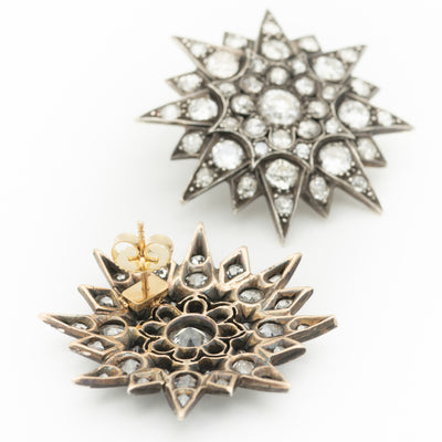 VICTORIAN SILVER OVER GOLD AND 7.50CTS OLD MINE CUT DIAMOND STAR CLUSTER EARRINGS c.1850s