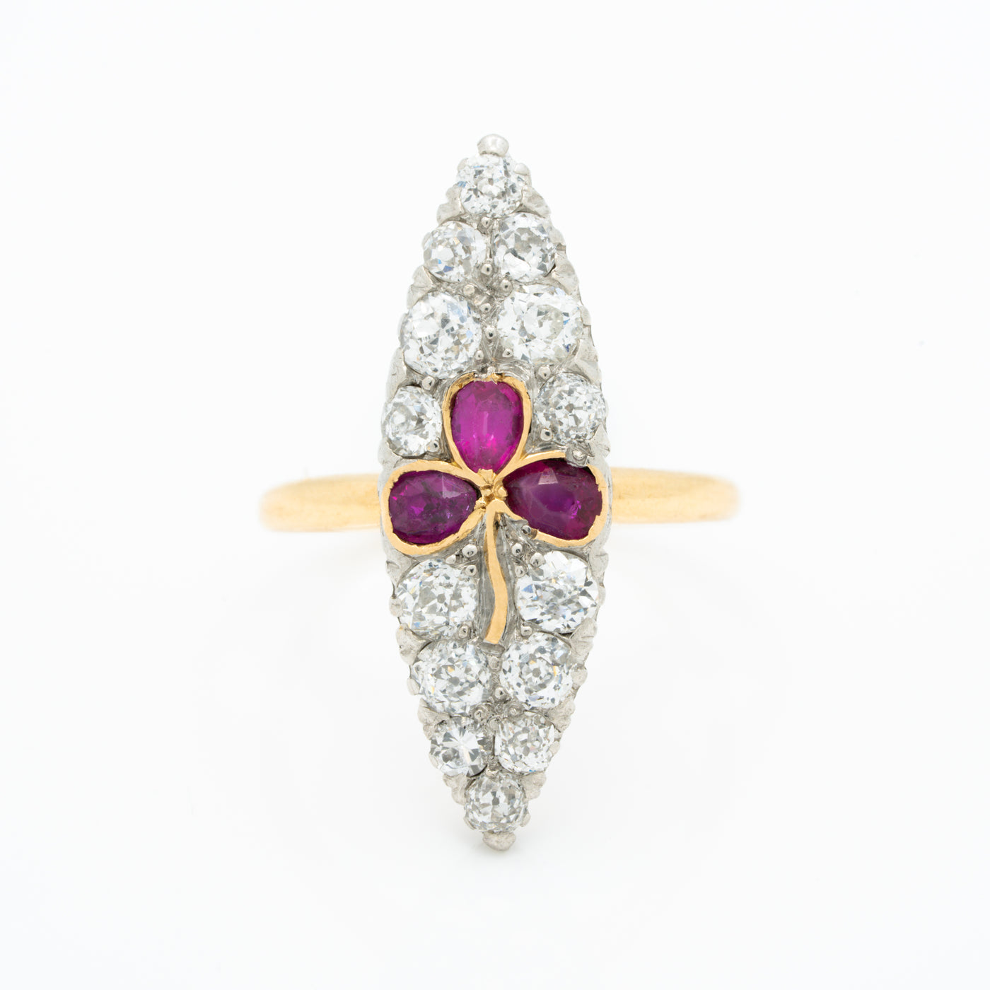 VICTORIAN 18K YELLOW GOLD, SILVER AND 1.15CTS. OLD EUROPEAN CUT DIAMONDS AND NATURAL RUBIES TREFOIL NAVETTE RING c.1880s