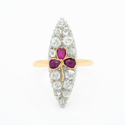 VICTORIAN 18K YELLOW GOLD, SILVER AND 1.15CTS. OLD EUROPEAN CUT DIAMONDS AND NATURAL RUBIES TREFOIL NAVETTE RING c.1880s