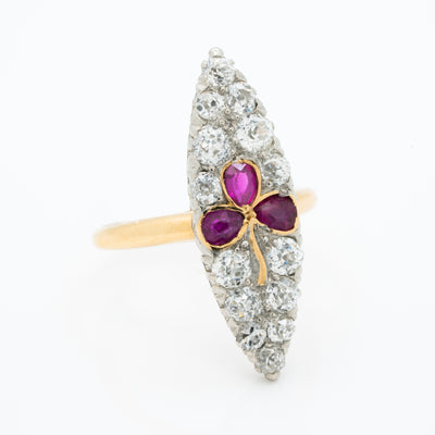 VICTORIAN 18K YELLOW GOLD, SILVER AND 1.15CTS. OLD EUROPEAN CUT DIAMONDS AND NATURAL RUBIES TREFOIL NAVETTE RING c.1880s