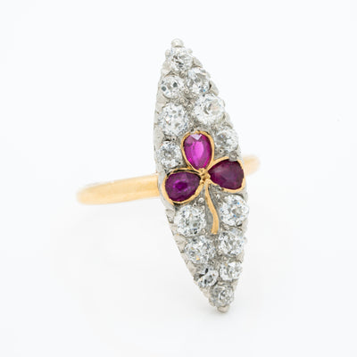 VICTORIAN 18K YELLOW GOLD, SILVER AND 1.15CTS. OLD EUROPEAN CUT DIAMONDS AND NATURAL RUBIES TREFOIL NAVETTE RING c.1880s