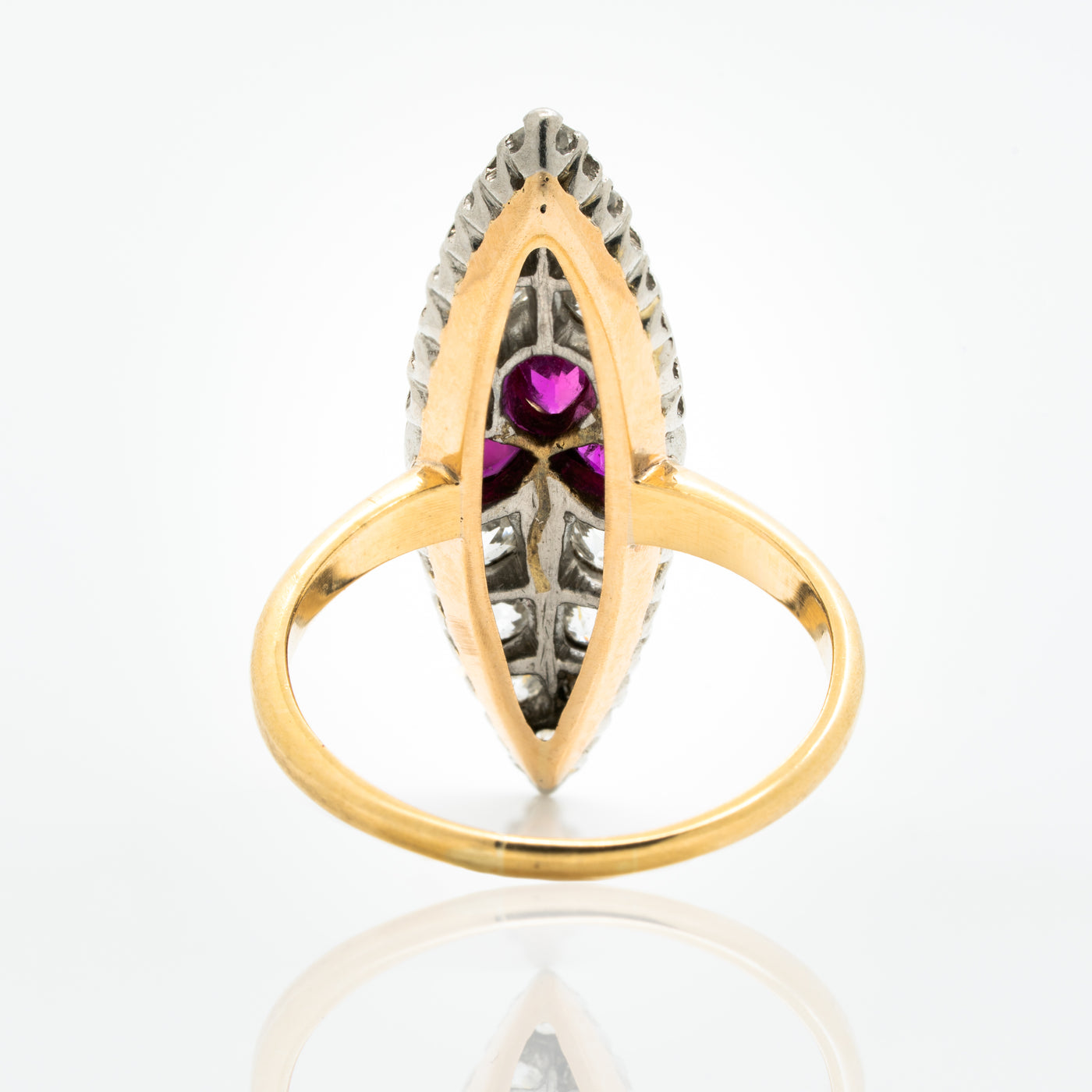 VICTORIAN 18K YELLOW GOLD, SILVER AND 1.15CTS. OLD EUROPEAN CUT DIAMONDS AND NATURAL RUBIES TREFOIL NAVETTE RING c.1880s