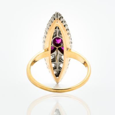 VICTORIAN 18K YELLOW GOLD, SILVER AND 1.15CTS. OLD EUROPEAN CUT DIAMONDS AND NATURAL RUBIES TREFOIL NAVETTE RING c.1880s
