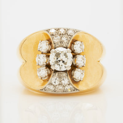 RETRO FRENCH 18K YELLOW GOLD, PLATINUM AND 1.50CTS. OLD EUROPEAN CUT DIAMOND RING c.1940s