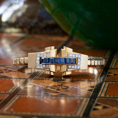 18K YELLOW GOLD, DIAMOND, BLUE SAPHIRE BOUCHERON BRACELET c.1930s