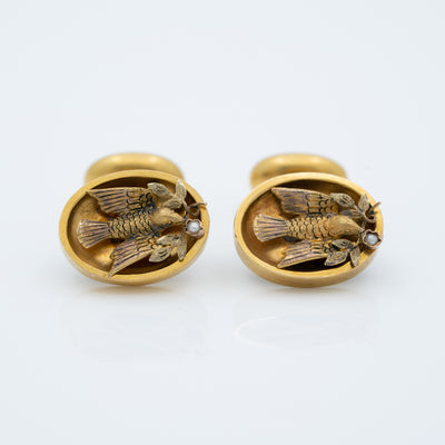 VICTORIAN 18K YELLOW GOLD AND NATURAL PEARL DOVES OF PEACE CUFFLINKS c.1880s