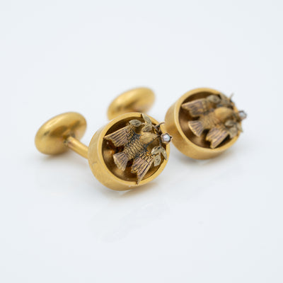 VICTORIAN 18K YELLOW GOLD AND NATURAL PEARL DOVES OF PEACE CUFFLINKS c.1880s