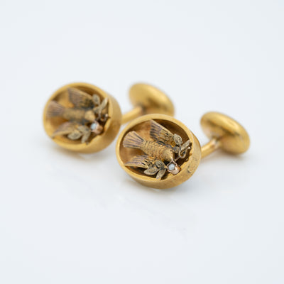 VICTORIAN 18K YELLOW GOLD AND NATURAL PEARL DOVES OF PEACE CUFFLINKS c.1880s
