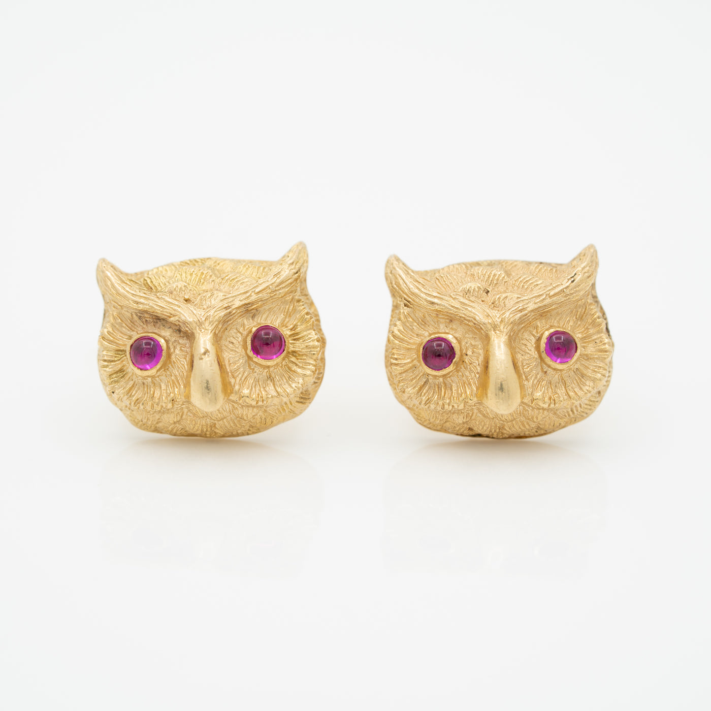 VINTAGE 14K YELLOW GOLD AND CABOCHON RUBY OWL CUFFLINKS c.1940s