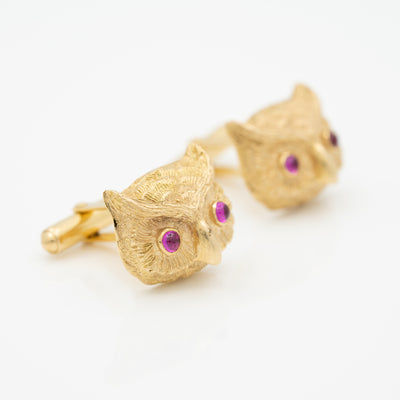 VINTAGE 14K YELLOW GOLD AND CABOCHON RUBY OWL CUFFLINKS c.1940s