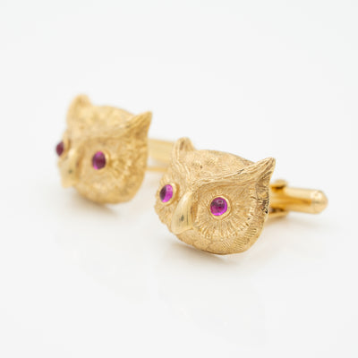 VINTAGE 14K YELLOW GOLD AND CABOCHON RUBY OWL CUFFLINKS c.1940s