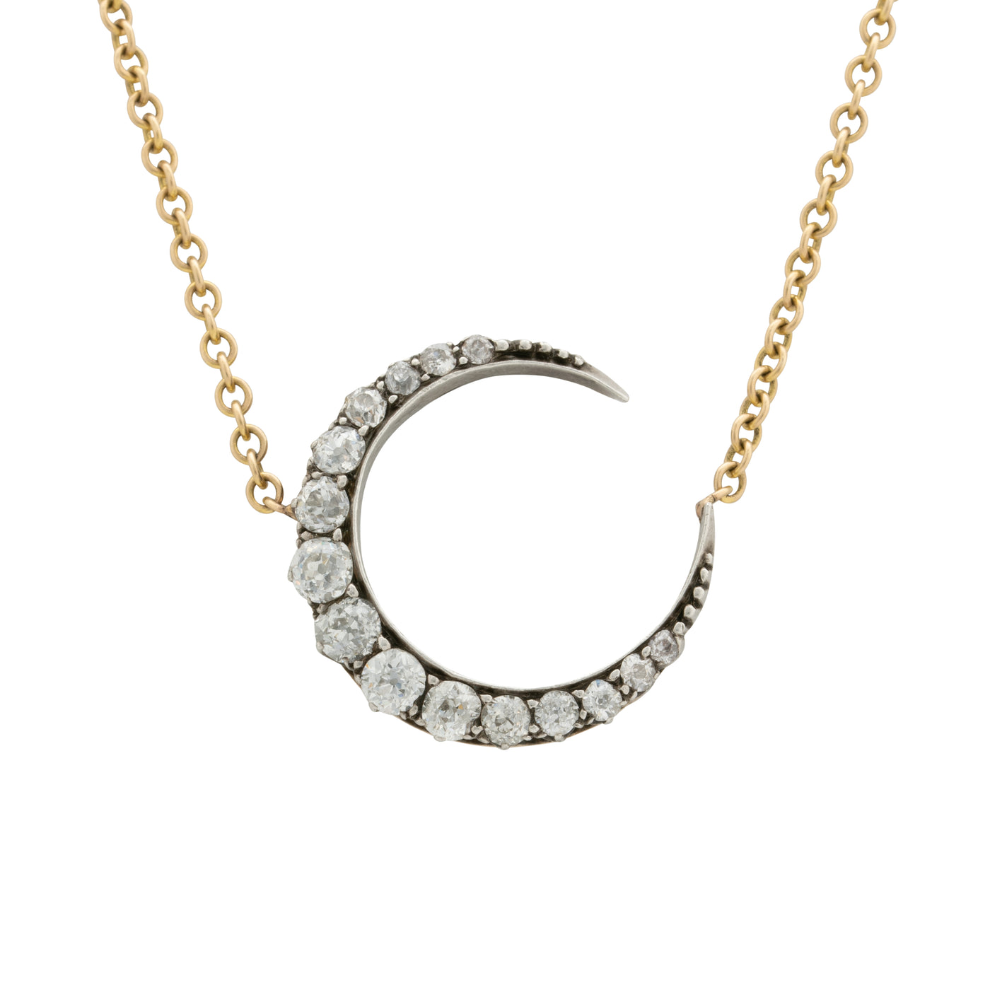 VICTORIAN GOLD AND MINE CUT DIAMOND MOON CHAIN 1880s