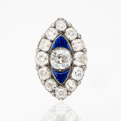EARLY VICTORIAN 18K YELLOW GOLD, SILVER AND 6.0CTS OLD MINE CUT DIAMONDS AND BLUE GUILLOCHÉ ENAMEL RING c.1840s