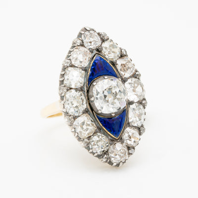 EARLY VICTORIAN 18K YELLOW GOLD, SILVER AND 6.0CTS OLD MINE CUT DIAMONDS AND BLUE GUILLOCHÉ ENAMEL RING c.1840s