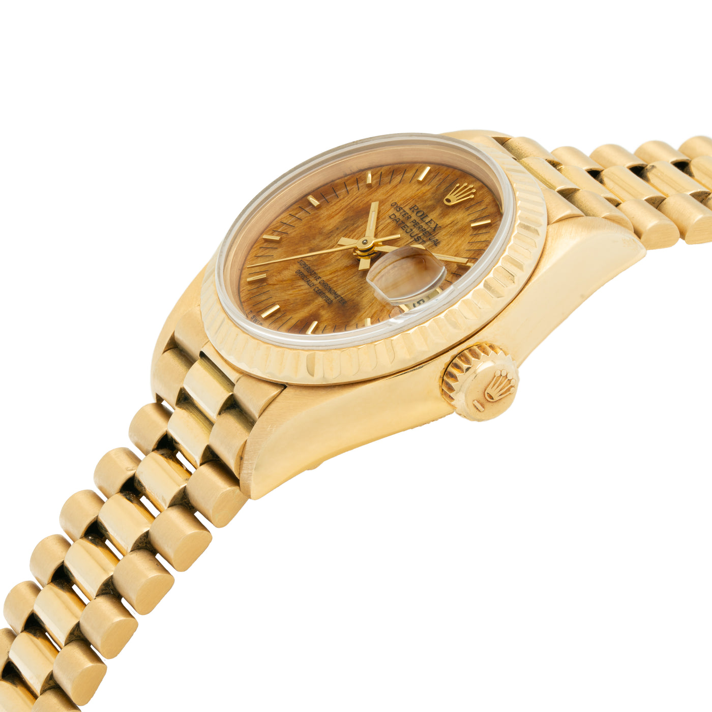1985 ROLEX PRESIDENT LADY-DATEJUST BURL WOOD DIAL 18K GOLD MODEL 69178