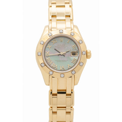 2001 ROLEX DATEJUST PEARLMASTER DIAMOND BEZEL TAHITIAN MOTHER-OF-PEARL 18K GOLD MODEL 80318