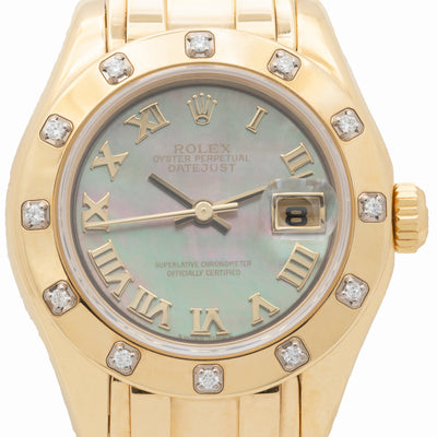 2001 ROLEX DATEJUST PEARLMASTER DIAMOND BEZEL TAHITIAN MOTHER-OF-PEARL 18K GOLD MODEL 80318