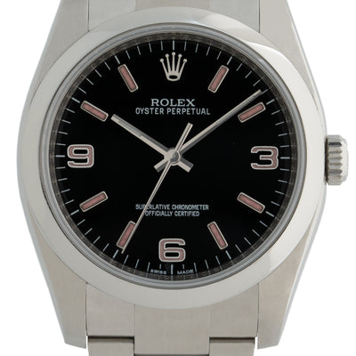 ROLEX STAINLESS STEEL OYSTER PERPETUAL MODEL 116000 BLACK AND SALMON DIAL PAPERS