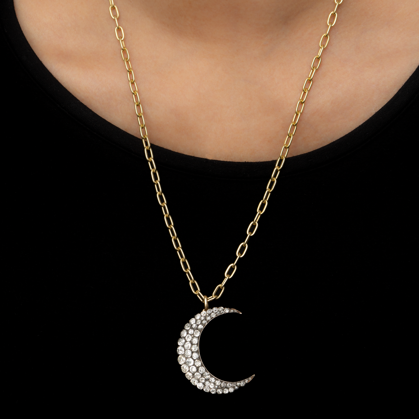VICTORIAN 18K YELLOW GOLD, SILVER AND 7.25CTS. DIAMOND CRESCENT MOON c.1860s